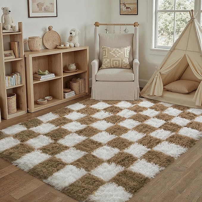 PureCozy Checkered Rug 3x5 for Playroom, Brown and White Shag Rugs Super Soft Washable Fluffy Carpet Indoor Fuzzy for Bedroom Home Dorm Aesthetic Decor