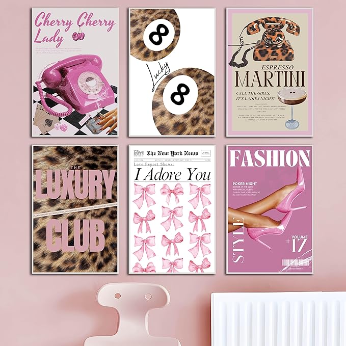 ZxXzkwpP Pink Cheetah Print Room Decor Poster, Trendy Fashion Leopard Print Wall Art Aesthetic Lucky 8 Ball Poster Coquette Preppy Y2k Red Funky Art For Bedroom (Pink 16x24x6 Unframed)