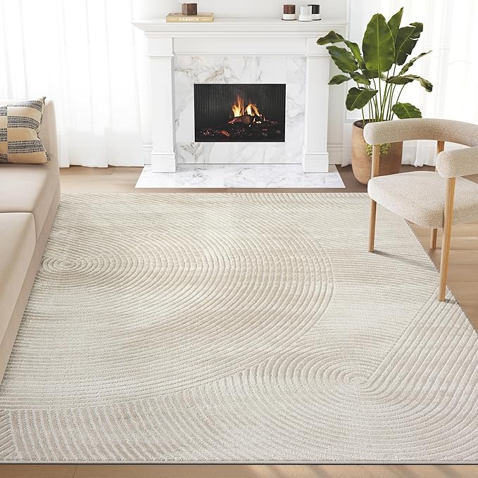 Abani Neutral Beige Area Rug | 10' x 14' Tan Geometric Carpet with Zen Circle Pattern | Washable Rugs for Living Room, Bedroom, Office