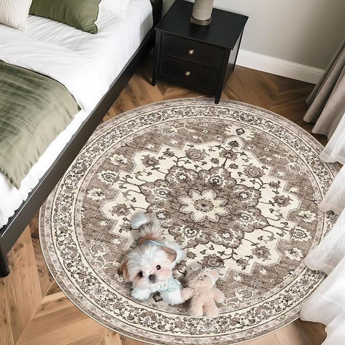 TOPRUUG Washable Oriental Area Rug - 5ft Round Rugs for Living Room Soft Carpet for Bedroom Waterproof Floral Distressed Indoor Stain Resistant Non-Shedding Floor Carpets (Beige, 5ft-Round)