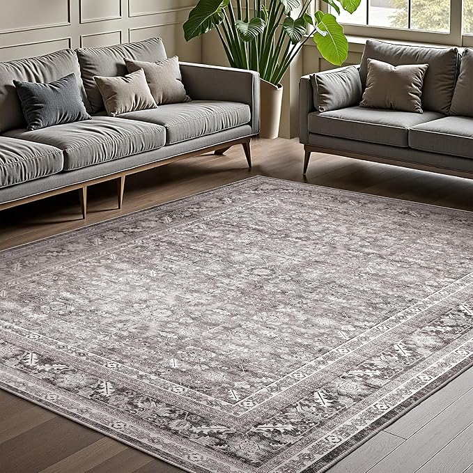 OPPODREAM Vintage Grey Area Rugs 9x12, 9 x 12 Retro Washable Rug Non Slip, Low-Pile Faux Wool Carpet, Distressed Gray Floor Mat for Living Room, Bedroom, Office, Dorm, Dinning Room, Big & Large