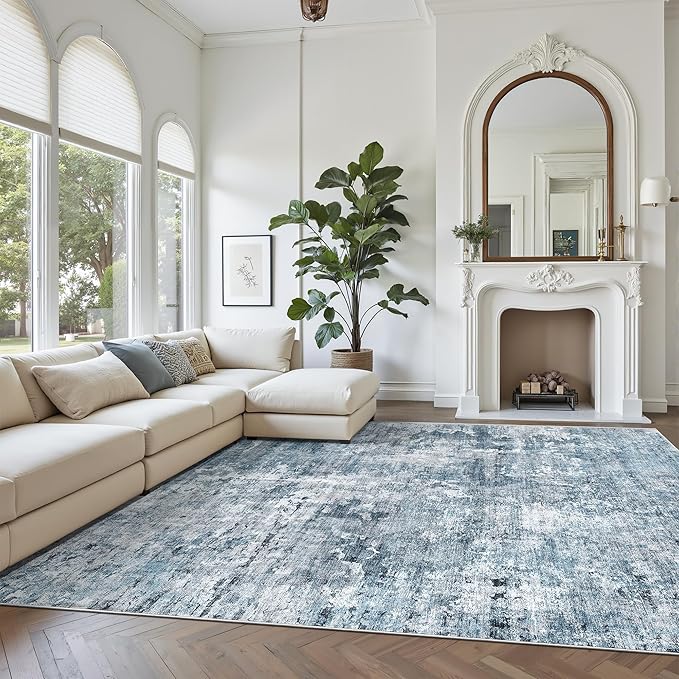 Soalmost Abstract Rug 8x10 Large Living Room Rugs Neutral Modern Washable Area Rugs for Bedroom Dining Room Non-Slip Stain Resistant Foldable Thin Blue