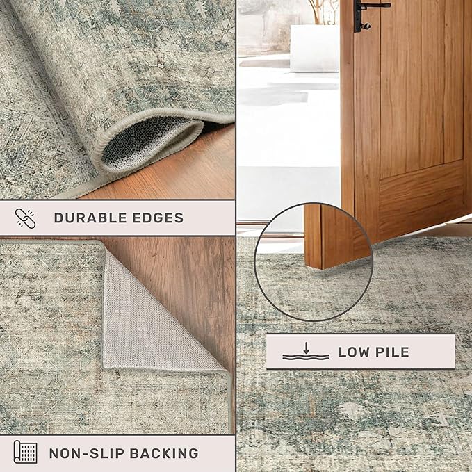Hazo Haus Tan and Moss Rugs for Dining Room - Neutral Abstract Faded Patterned Accent Rug 5x8 for Living Room, Home Office, Bedroom Foldable Soft Washable