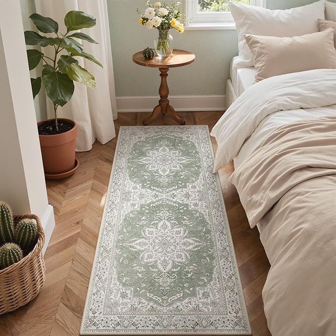 GENIMO 2X8 Washable Vintage Runner Rug for Hallway, Non-Slip Low Pile Chenille Print Rug, Soft Rugs for Indoor Entryway Kitchen Corridor, Sage & Linen