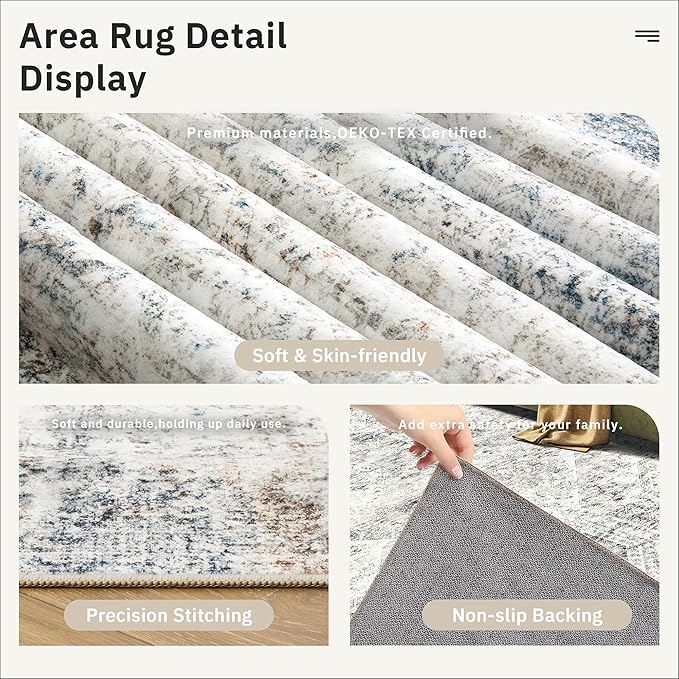 Soalmost 5x7 Area Rugs Blue Ivory Low Pile Indoor Washable Trendy Faded Style Rugs for Bedroom Living Room Dining Room Foldable Non-Slip Thin Print Mat