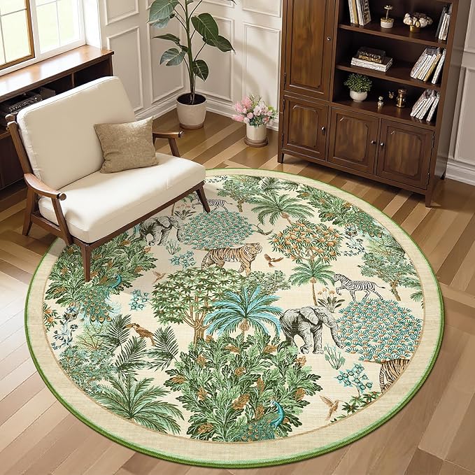 GarveeHome Jungle Round Washable Rugs 4ft Non-Slip Soft Round Rug for Kids Room, Forest Animal Print Tiger Circle Carpet for Bedroom Entryway Playroom Nursery, Beige