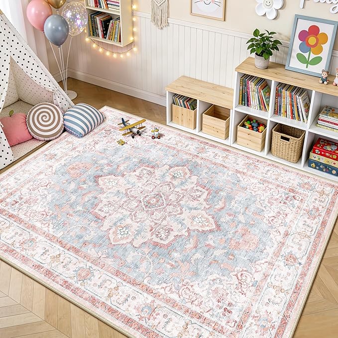 CAPALOCA Machine Washable Rugs Nursery Rug 5x8 Cute Girl Non Slip Low Pile Water Repellent Soft Print Pattern for Bedroom Indoor Decor Kids Playroom Pink Blue