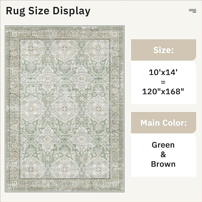 Soalmost 10x14 Area Rugs for Living Room, Non Slip Machine Washable Vintage Rugs, Low Pile Lightweight Large Rug for Bedroom, Dining Room, Home Office Green/Brown