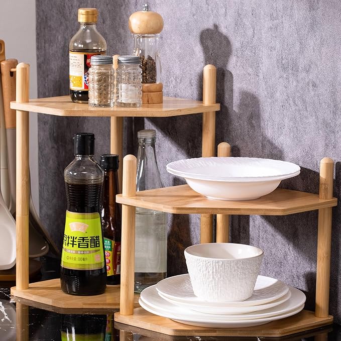 2-Tier Expandable Bamboo Corner Shelf - Dish/Plate Organizer for Cabinet, Kitchen Counter Shelf & Small Kitchen Shelf, Adjustable (1, Natural, 11.4" H)