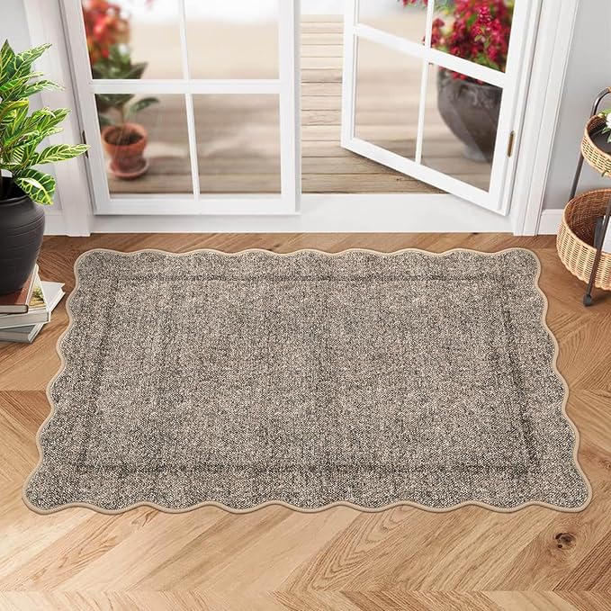 GarveeHome 2x3 Rug, Washable Scalloped Rugs for Entryway, Non Slip Indoor Door Mat, Soft Low Pile Small Area Carpet for Entrance, Bedroom, Kitchen, Laundry, Bathroom, Taupe