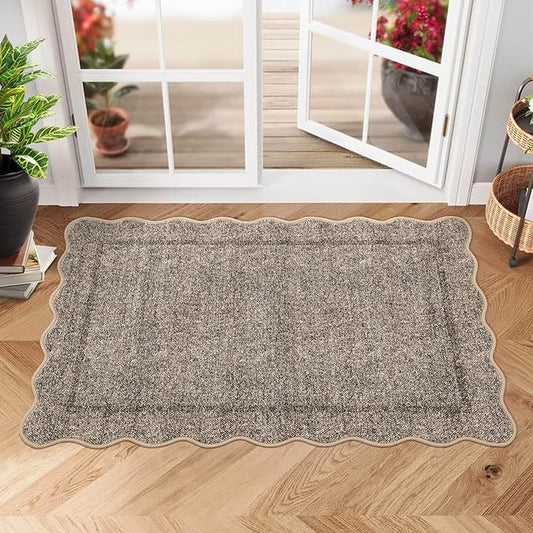 GarveeHome 2x3 Rug, Washable Scalloped Rugs for Entryway, Non Slip Indoor Door Mat, Soft Low Pile Small Area Carpet for Entrance, Bedroom, Kitchen, Laundry, Bathroom, Taupe