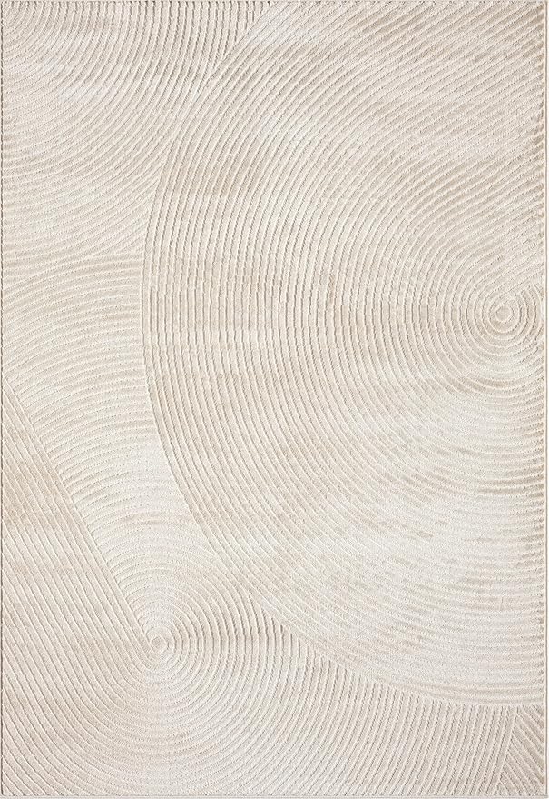 Abani Neutral Beige Area Rug 6' Round for Living Room, Bedroom - Zen Reiki Circles Pattern - Durable & Easy to Clean