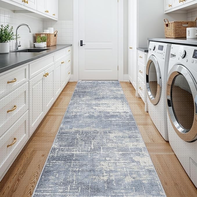 Washable Abstract 14ft Runner Rug: Non-Slip Low-Pile Rug Runner Soft Beside Carpet Indoor Farmhouse Entryway Floor Mat Bathroom Living Room Stain Resistant Area Rugs Cozy Home Decor(2'6x14,Blue/ivory)