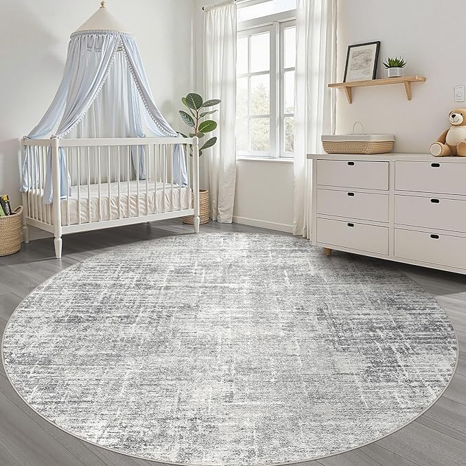 6ft Round Rug Living Room: 6x6 Washable Large Neutral Grey Circle Area Rug Abstract Soft Modern Stain Resistant Indoor Floor Non-Slip Carpet for Bedroom Nursery Kids Office Playroom Dining Room