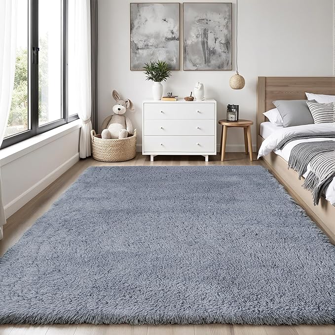 Area Rug for Living Room Bedroom: 6x9 Grey Soft Fluffy Shag Upgrade Non-Slip High Pile Carpet Large Fuzzy Plush Indoor Floor Decor Shaggy Rug for Kid Boys Girls Dorms Playroom Nursery Modern Home