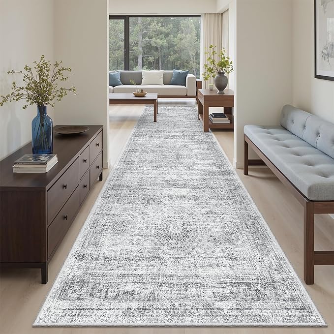 Soalmost Runner Rug 3x10 Washable Non-Slip Hallway Runner Rugs for Kitchen Bathroom Laundry Room Grey Vintage Floor Carpet Runners for Hallways Entryway