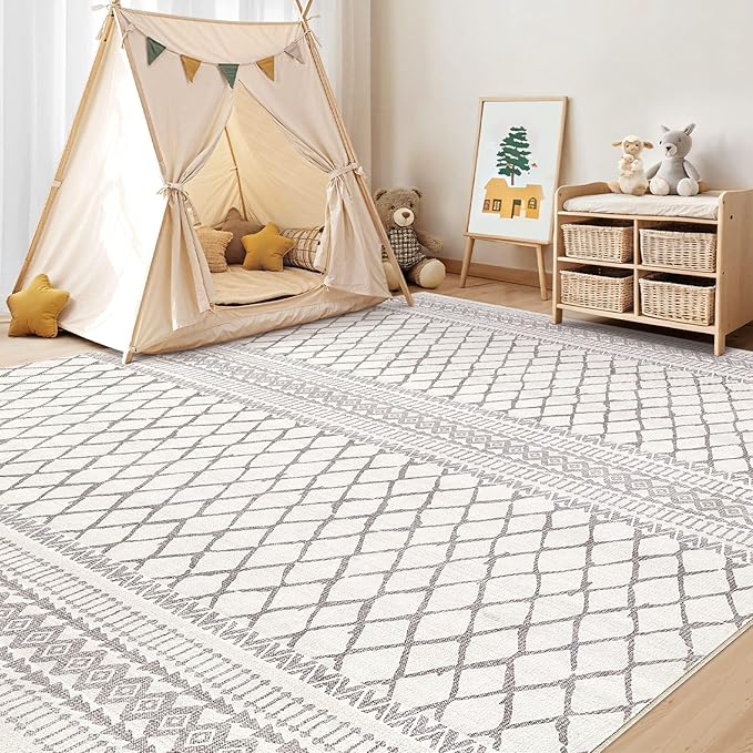 cotiled 9x12 Area Rug Living Room: Washable Boho Rugs with Non Slip Backing Large Soft Indoor Stain Resistant Carpet for Bedroom Farmhouse Dining Room Lightweight Home Decor Beige/Gray