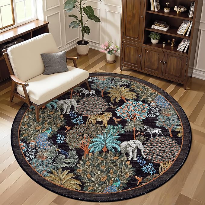 GarveeHome Jungle Round Washable Rugs 4ft Non-Slip Soft Round Rug for Kids Room, Forest Animal Print Tiger Circle Carpet for Bedroom Entryway Playroom Nursery, Black