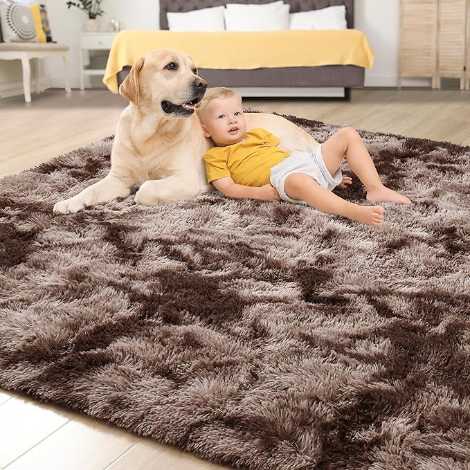Tepook Fluffy Large Rugs for Living Room, 8x10 Area Rugs for Bedroom, Modern Shag Fuzzy Carpets for Kids Boys Girls, Plush Indoor Nursery Home Decor Rug with Non-Slip Bottom, Tie-Dyed Coffee