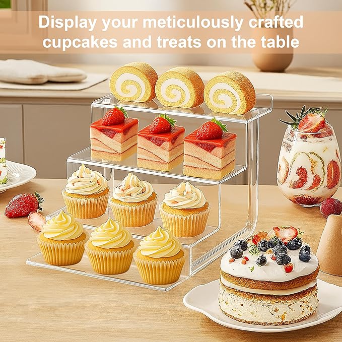 AMT Acrylic Riser Display Stand, 100% Acrylic Clear 4-Tier Organizer for Figures, Cupcake, Perfume, Sunglasses (9 inch x 2.4 inch) 1-pack