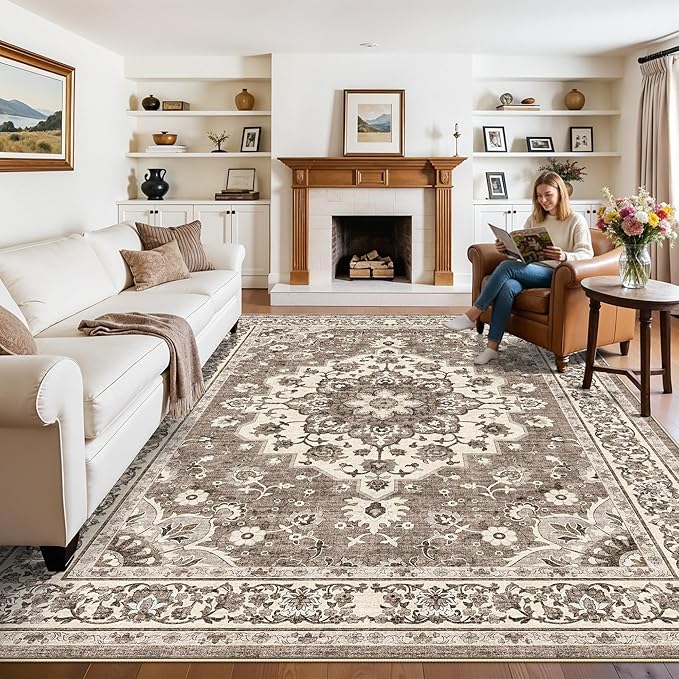TOPRUUG Washable Oriental Area Rug - 8x12 Area Rugs for Living Room Bedroom Dining Room Under Kitchen Table - Non-Slip & Stain Resistance Rug for High Traffic Area (Beige, 8x12)