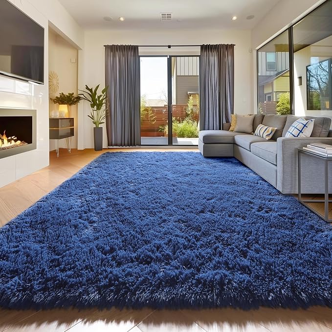 Amdrebio Navy Blue Area Rugs 8x10 for Living Room Boys Bedroom, Large Shag Fluffy Furry Plush Rug for Baby Kids Room Decor Aesthetic, Cool Royal Dark Blue Carpet for Nursery Classroom Dorm Playroom