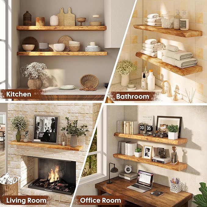 Floating Shelves Set of 2, Solid Elm Wood Wall Shelves 32 Inch - Invisible Bracket Mount for Living Room, Bedroom, Kitchen, Bathroom - Natural