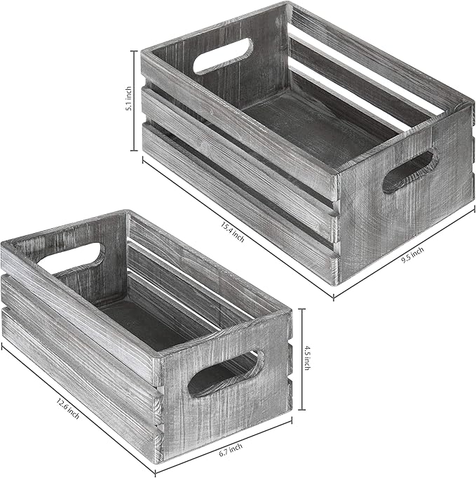 MyGift Rustic Light Gray Solid Wood Decorative Storage Box with Cutout Handles, Country Style Nesting Storage Crate Bin with Open Top Pallet Design, Set of 2