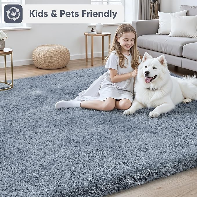 Area Rug for Living Room Bedroom: 9x12 Grey Soft Fluffy Shag Upgrade Non-Slip High Pile Carpet Large Fuzzy Plush Indoor Floor Decor Shaggy Rug for Kid Boys Girls Dorms Playroom Nursery Modern Home