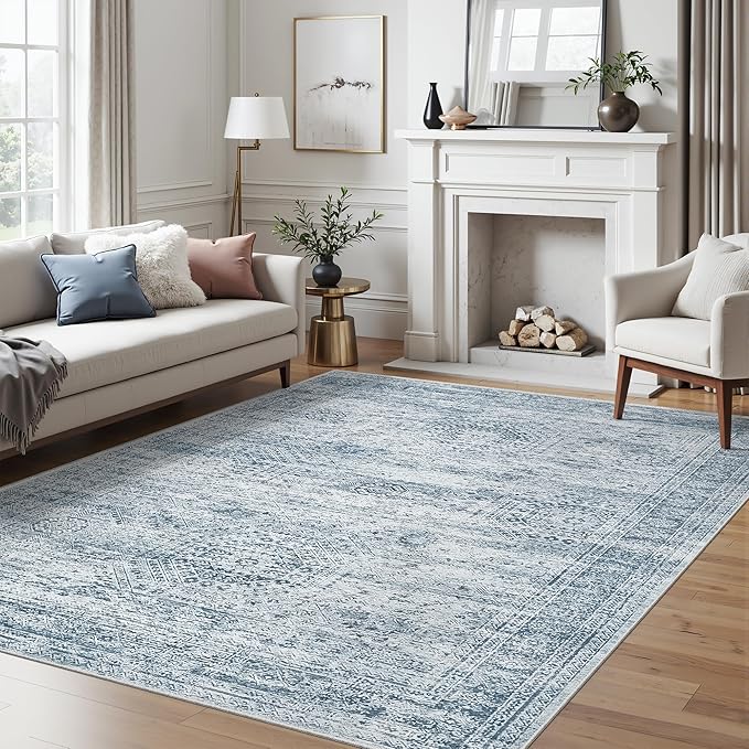 Soalmost 5x7 Area Rugs Blue Low Pile Indoor Washable Trendy Faded Style Rugs for Bedroom Living Room Dining Room Foldable Non-Slip Thin Print Mat