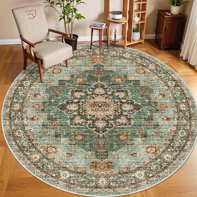 TOPRUUG Washable Oriental Area Rug - 8ft Round Rugs for Living Room Soft Carpet for Bedroom Waterproof Floral Distressed Indoor Stain Resistant Non-Shedding Floor Carpets (Green, 8ft-Round)