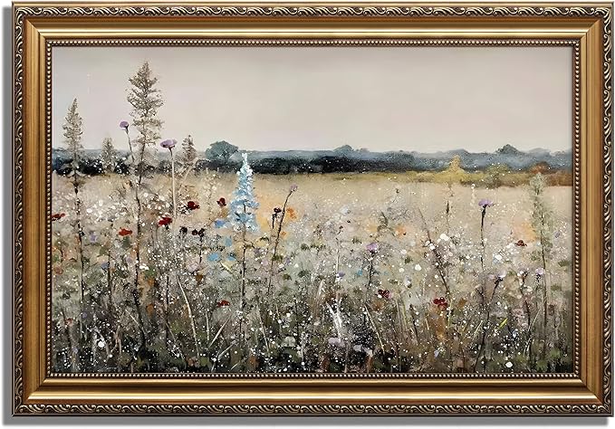 KBKBART Vintage Framed Wall Art for Living Room, French Wildflowers Field Posters Farmhouse Decor, Neutral Country Meadow Landscape Wall Art for Room Decor Aesthetic, Gold Framed Vintage Oil Painting Canvas Artwork Botanical Art Print, 16''x24'