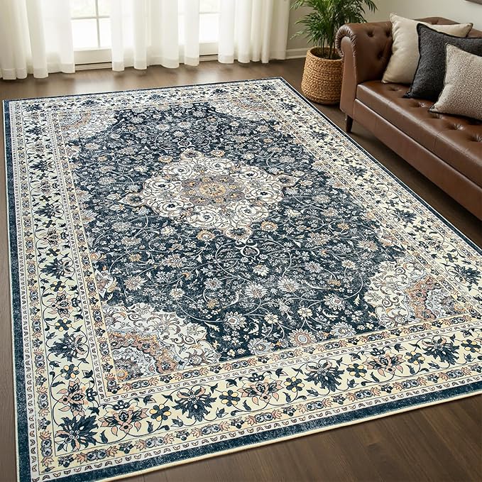 Goideal Washable Rug 5x7, Vintage Area Rugs Non Slip, Indoor Low Pile Carpet with Rubber Backing for Living Room Kitchen Bathroom Entryway Office Bedroom, Black & White