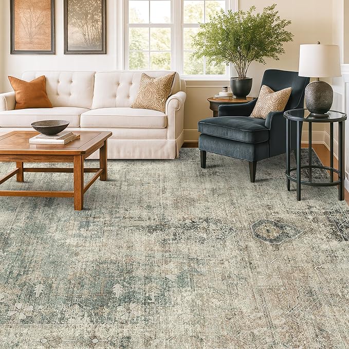 Hazo Haus 8x10 Farmhouse Rugs for Living Room - Moss Green Brown Large Area Rug for Bedroom, Dining Room, Home Office, Soft Washable & Stain Resistance