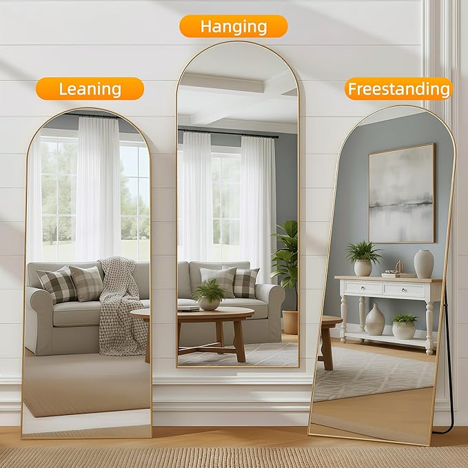 56"x21"Full Length Mirror,Arched Floor Mirrors with Aluminum Alloy Frame,Wall Mountable Tempered Glass Full Body Mirror for Wall Entryway Door Bedroom Bathroom Living Room,Gold