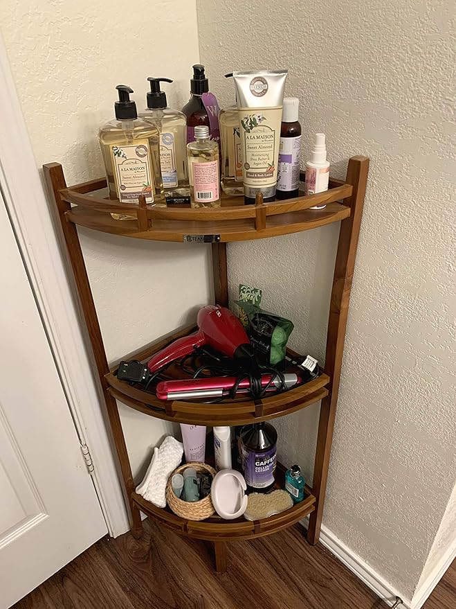 TeakCraft Teak Corner Shower Shelf, 3 Tier, 14Wx14Lx39.5H inches, Fully Assembled, The OM