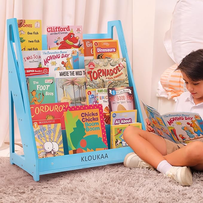 Kids Book Shelf Organizer, Wooden Children’s Bookcase with Front-Facing Storage for Toddlers & Kids (Blue)