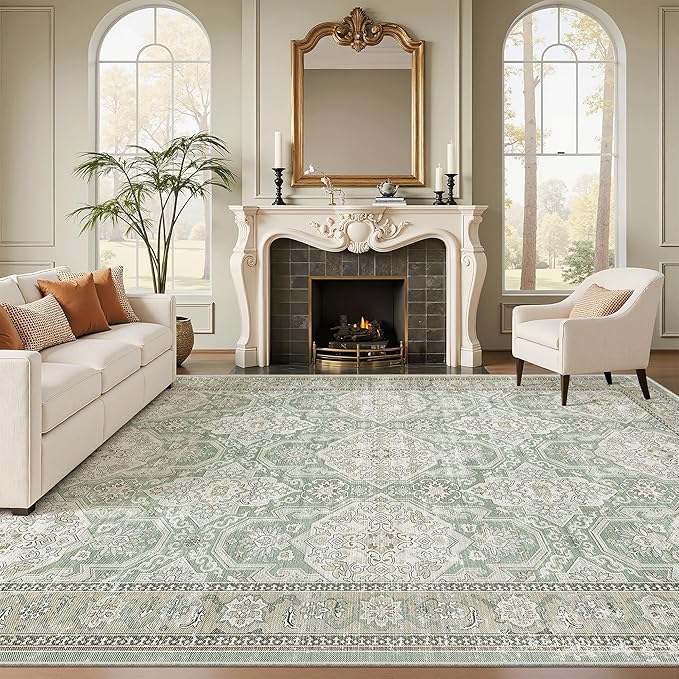 Soalmost 9x12 Area Rugs for Living Room, Non Slip Machine Washable Vintage Rugs, Low Pile Lightweight Large Rug for Bedroom, Dining Room, Home Office Green/Brown