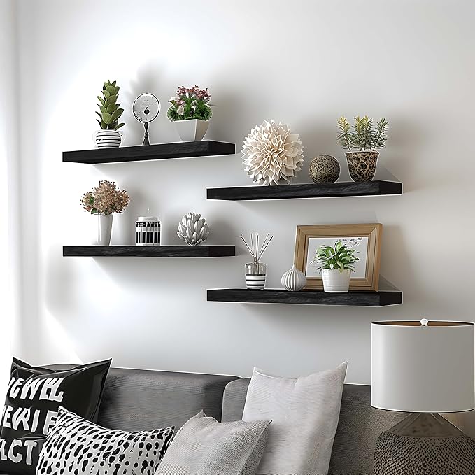 GXYAWPJ Black Wood Floating Shelves for Wall Rustic Wall Shelves for Bedroom Set of 6