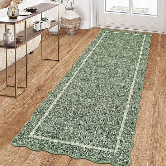 GarveeHome Scalloped Runner Rug for Hallway 2x10 Kitchen Rugs Non Slip Washable Modern Entryway Rug Farmhouse Soft Bathroom Rugs Stain Resistant Carpet for Hallway Laundry Bedroom 2'x10' Greyish Green