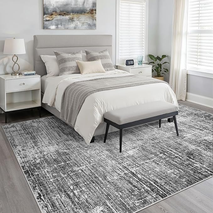 7x9 Area Rug Living Room: Washable Large Neutral Black Rug Abstract Soft Modern Stain Resistant Indoor Floor Non-Slip Carpet for Bedroom Nursery Kids Office Playroom Dining Room Under Table Home