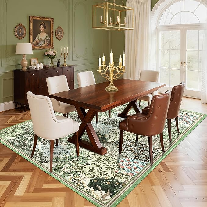 GarveeHome Forest Rug 9x12 Washable Area Rugs for Living Room, Botanical Low Pile Non Slip Stain Resistance Large Woodland Carpet for Office Dining Room Bedroom Farmhouse, Beige Green