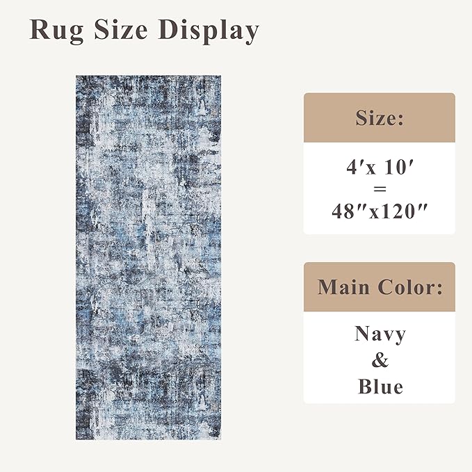 4x10 ft Extra Wide Hallway Rug – Non-Slip Washable Rubber-Backed Large Carpet Runner for Kitchen, Entryway | Modern Abstract, Low-Pile Thin Floor Mat for Bedroom Living Room Dining Room（Navy Blue）