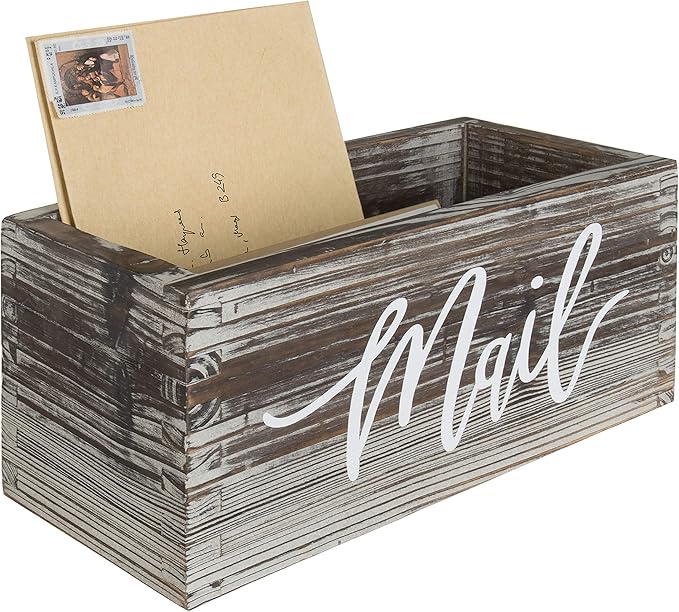 MyGift Mail Holder Storage Organizer Box Torched Wood with MAIL Script Design, Desktop Letters, Bills, Notes and Postcard Bin for Home Office Dorm Room