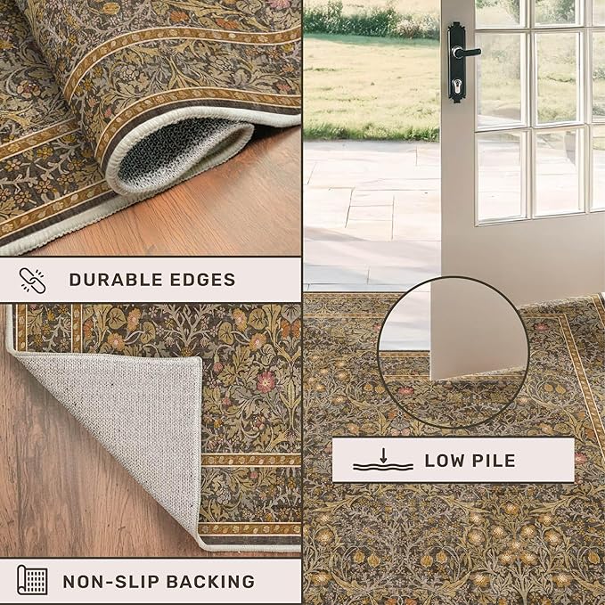 Washable Living Room Rug 6x9 - Brown Oriental Area Rug for Bedroom, Dining Room Rug for Under Table, Low Pile Non-Slip Floor Carpet for Home Office, Study Room - Vintage Design & Stain Resistance