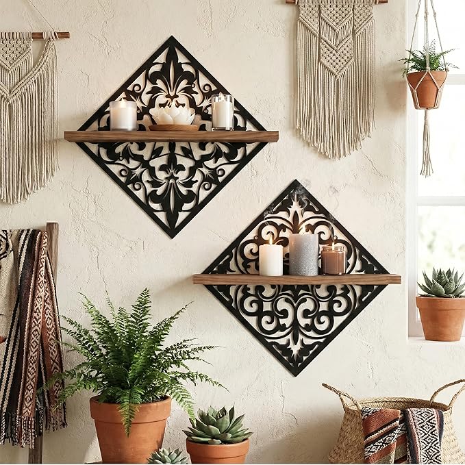 2PCS Metal Carved Window Wall Decor with Wooden Shelf, Black Floating Shelves for Bathroom Wall, Kitchen Wall Decorative Shelves, Creative Shelf for Bathroom Accessories Organizers and Storage