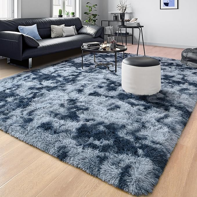 Tepook Fluffy Large Rugs for Living Room, 8x10 Area Rugs for Bedroom, Modern Shag Rug Fuzzy Carpets for Kids Boys Girls, Plush Indoor Nursery Home Decor Rug with Non-Slip Bottom, Tie-dye Dark Blue