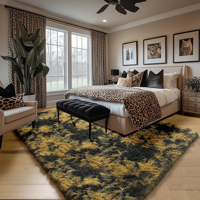 Amdrebio Black Gold Yellow Grey Rugs for Bedroom Living Room Decor, Fluffy Furry Fuzzy Shaggy Area Rug 5x7 for Kids Room Dorm Home Office, Modern Cool Leopard Cheetah Shag Carpet for Teen Boys Men