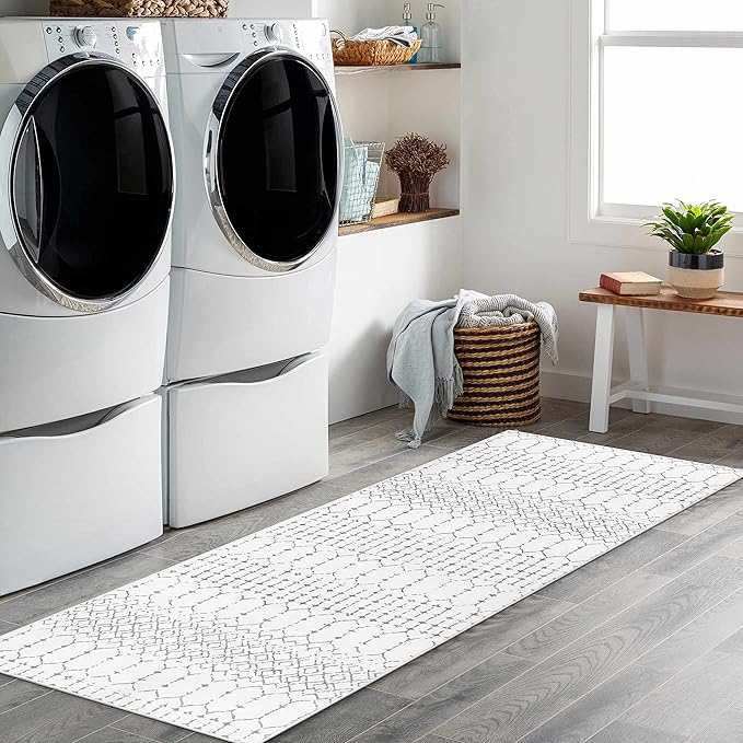 Lahome Moroccan Small Runner Rug - 2x5 Rug Runner Non-Slip Washable Laundry Room Rugs Throw Lightweight Hallway Carpet Indoor, Geometric Print Mat for Bedroom Kitchen Hana (White, 2'x5')