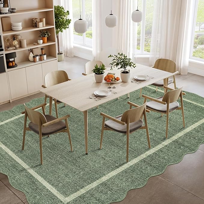 GarveeHome Scalloped Washable Rug 5x7 Area Rug for Living Room Modern Non Slip Throw Rugs Bedroom Rugs Low Pile Soft Non Shedding Stain Resistant Carpet for Dining Room Nursery 5'x7' Greyish Green